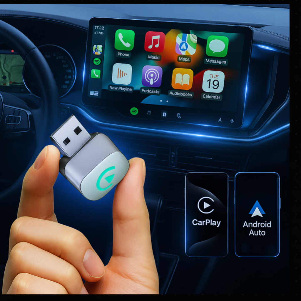 CarPlay adapter z niebieskimi akcentami