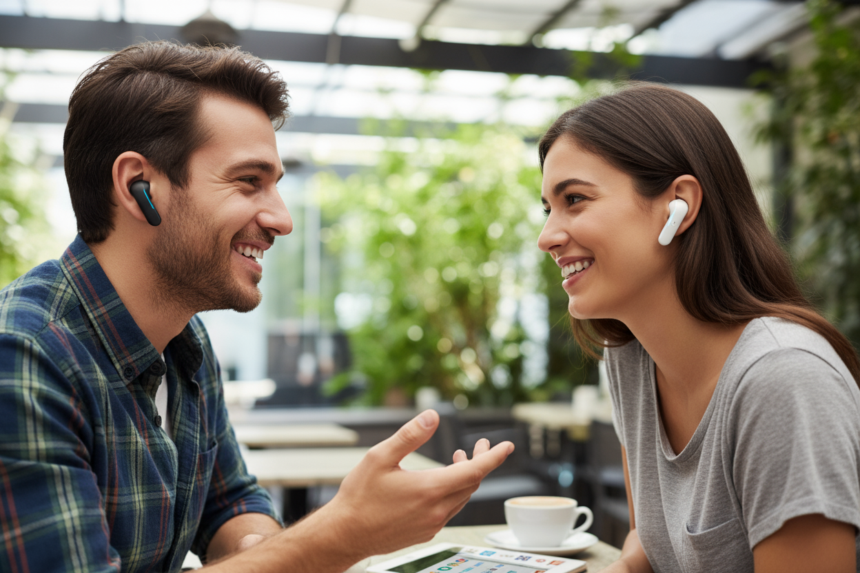 Zdjęcie osób używających słuchawek tłumaczących